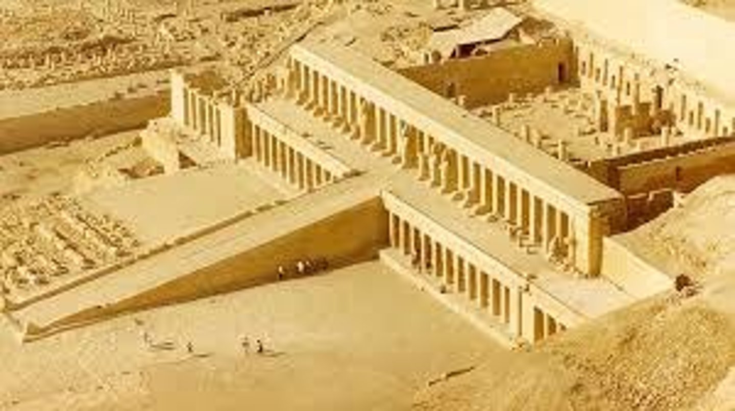 <p>(Near Luxor, Egypt. New Kingdom, c. 1473–1458 BCE. Sandstone, partially carved into cliff)</p><p>Content: Terraced temple built into cliffs; colonnades, ramps, shrines to Hatshepsut and gods.</p><p>Form: Symmetrical, axial plan; terraces with colonnades; blend of natural rock and constructed architecture.</p><p>Function: Funerary temple for queen-pharaoh Hatshepsut; honored her achievements, served for rituals to gods and deceased ruler.</p><p>Context: Hatshepsut (female pharaoh) emphasized divine birth and legitimacy; later rulers tried to erase her legacy.</p>