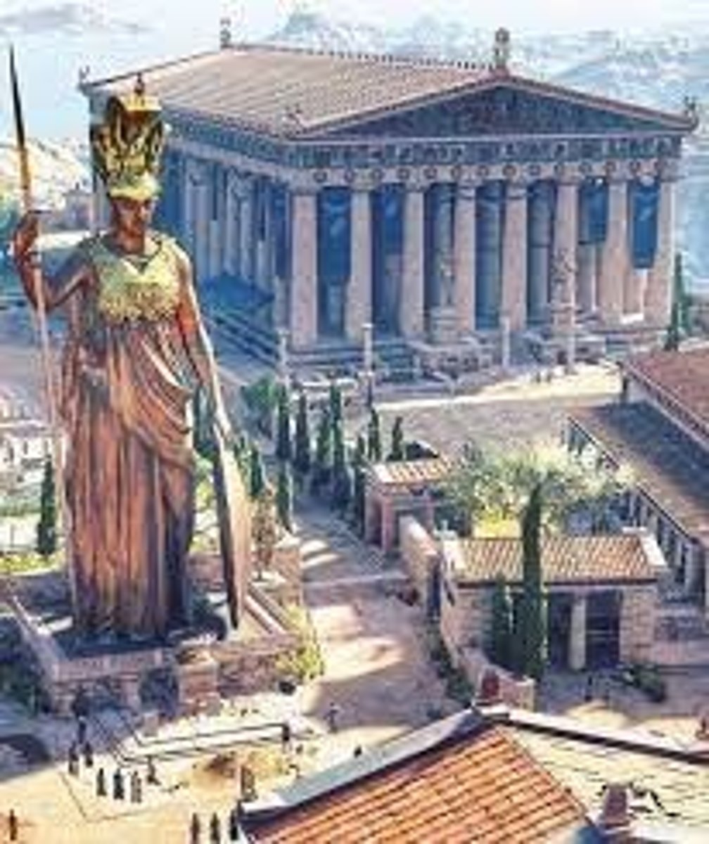 <p>A colossal bronze statue of Athena sculpted by Phidias, which stood between the Propylaea and the Parthenon on the Acropolis of Athens.</p>