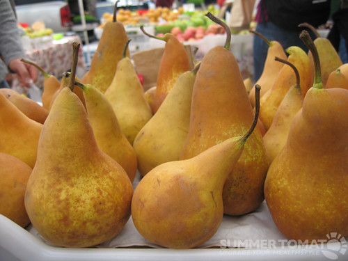 are yellow-brown in color. They are narrower than typical bartlett pears, and they have a longer skinnier piece of fruit at the top. Their stems are longer and they have small seeds as well.