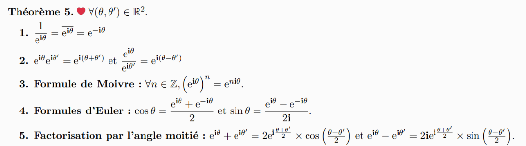 <p>formule écriture exponentielle (Moivre Euler)</p>
