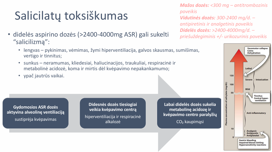 <p>• didelės aspirino dozės (&gt;2400-4000mg ASR) gali sukelti “salicilizmą”: • lengvas – pykinimas, vėmimas, žymi hiperventiliacija, galvos skausmas, sumišimas, vertigo ir tinnitus; • sunkus – neramumas, kliedesiai, haliucinacijos, traukuliai, respiracinė ir metabolinė acidozė, koma ir mirtis dėl kvėpavimo nepakankamumo; • ypač jautrūs vaikai.</p>
