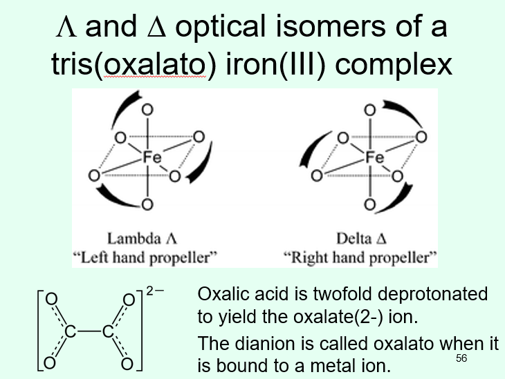 <ul><li><p>ligands can be forced to flip to cause optical isomerism with a mirror plane </p></li><li><p><span>Λ and Δ can be used to label some optical isomers based on their rotational direction when there are bidentate ligands </span></p></li><li><p><span>Δ is the ‘right hand propellor’ and </span>Λ the ‘left hand propellor’ </p></li><li><p>in the example, there are three oxalato anions, each with two oxygens bound to the metal ion</p></li></ul><p></p>