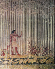<p>Egyptian Tomb of Ti, Saqqara. ca. 2510-2460 BCE. Painted limestone relief, height approx. 45&quot;.</p>