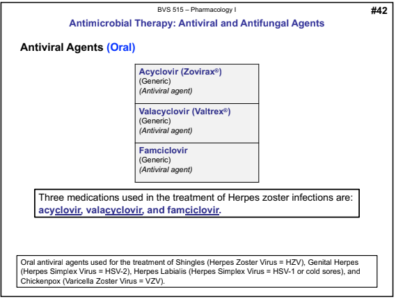 <p>Three medications used in the treatment of <strong>Herpes zoster infection</strong>s are:</p><ul><li><p><strong>acyclovir</strong>, <strong>valacyclovir</strong>, and <strong>famciclovir</strong>.</p></li></ul><p>Viruses replicate by <strong>co-opting the host cell’s metabolic machinery.</strong></p>