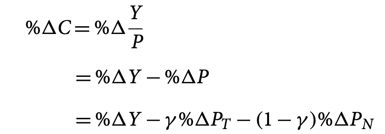 <p>We know C=Y/P</p><p>We also know %dC = %dY / %dP</p><p>(%d is percent change) </p><p></p><p>Gamma is the budget share on tradable goods</p>