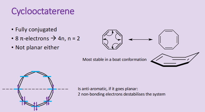 <ul><li><p>although its fully conjugated with 4n +2 pi electrons</p></li><li><p>It is not planar as it is more stable in its boat conformation </p></li><li><p>When constructing the Frost-Muslin diagram for it, there are 8 electrons to be placed on, however two of these land on non-bonding lines and are not paired, this destabilises the system forcing it to be more stable in boat conformation. </p></li></ul><p></p>