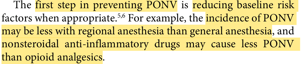 <p>PONV is a common complication of surgery that can lead to delayed discharge and unanticipated hospitalization. Risk factors include:</p>
