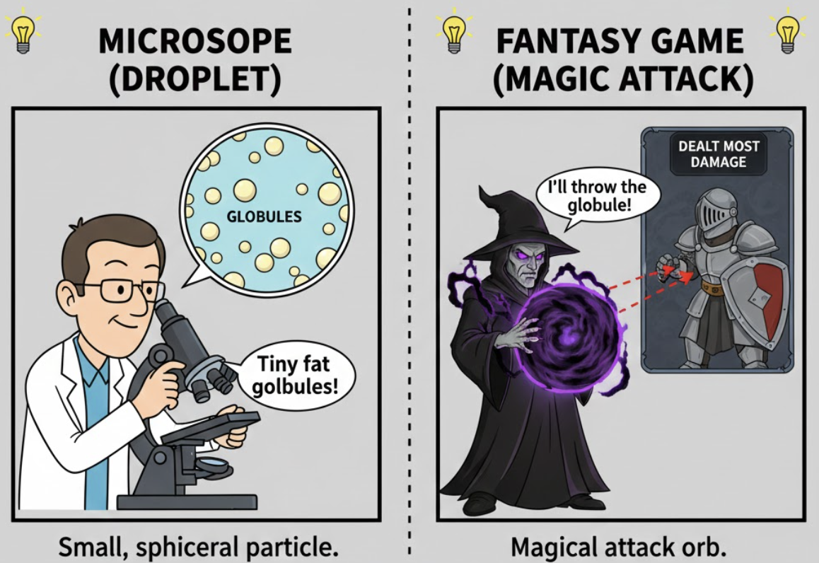 <p><strong>a small, spherical or rounded particle, especially of a liquid.</strong> </p><p>(giọt nhỏ, hạt nhỏ hình cầu, khối tròn)</p>