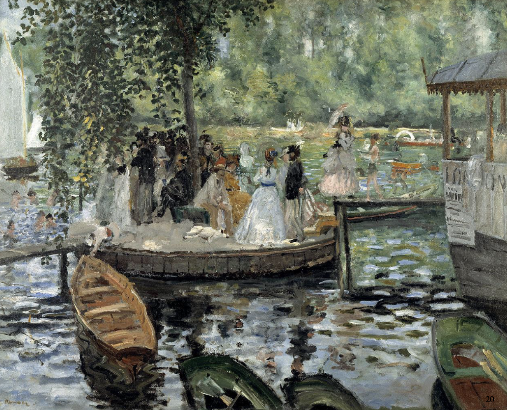 <ul><li><p>western suburb of Paris, a meeting place for sportsmen and strollers along the river Seine in Bougival </p></li><li><p>developed the characteristic coarse, broken brushstrokes of Impressionism - allow for the human eye to do the color mixing</p></li><li><p>Technique: thick, flat colour patches like white, blue, ochre and brown are juxtaposed to capture the movement of the water surface </p></li><li><p>Theme: sunlight and water movement </p></li><li><p>Purpose: capture the fleeting and floating light effect of objects </p></li><li><p>Often painted with Renoir, who focused more eon human figures and activities - enclosed composition with focus on the human group in the centre </p></li></ul><p></p>