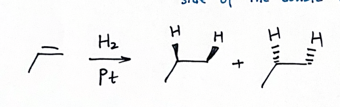 <p>Reagents: H2 and catalyst (Pt, Pd, Ni)</p><p>Syn addition</p>