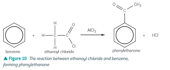 <p>benzene + acyl chloride in the presence of an AlCl<sub>3</sub>&nbsp;catalyst → forms an<strong> aromatic ketones&nbsp;</strong></p><p></p>