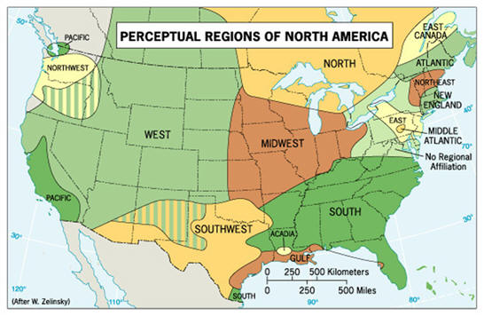 <p><span>Geographic area defined by people's beliefs, feelings, and attitudes about a place, rather than by physical or official boundaries</span></p>