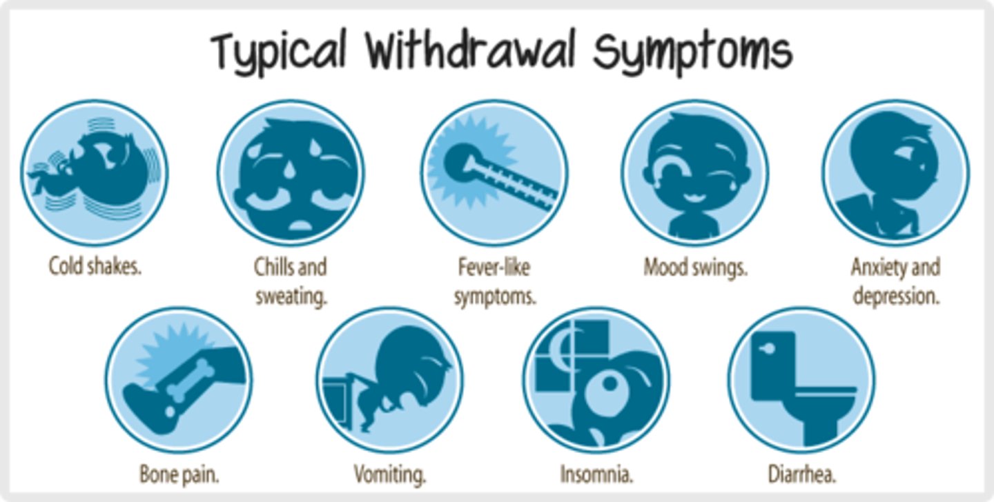 <p>B) Withdrawal</p><p>When one becomes addicted to a drug and suddenly goes through a period of not having the drug, the individual experiences withdrawal.</p>