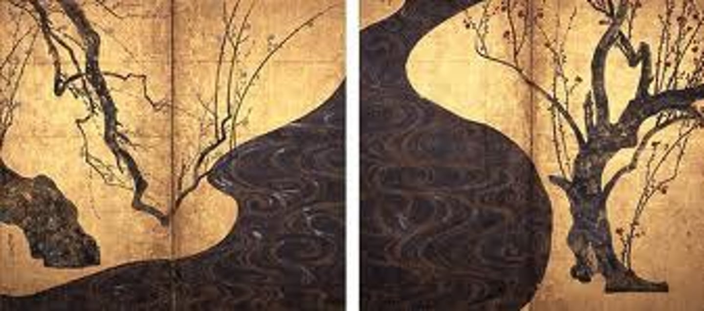 <p>Ogata Korin</p><p>Japan</p><p>ink, watercolor, and gold leaf on paper screens</p><p>to be art</p>