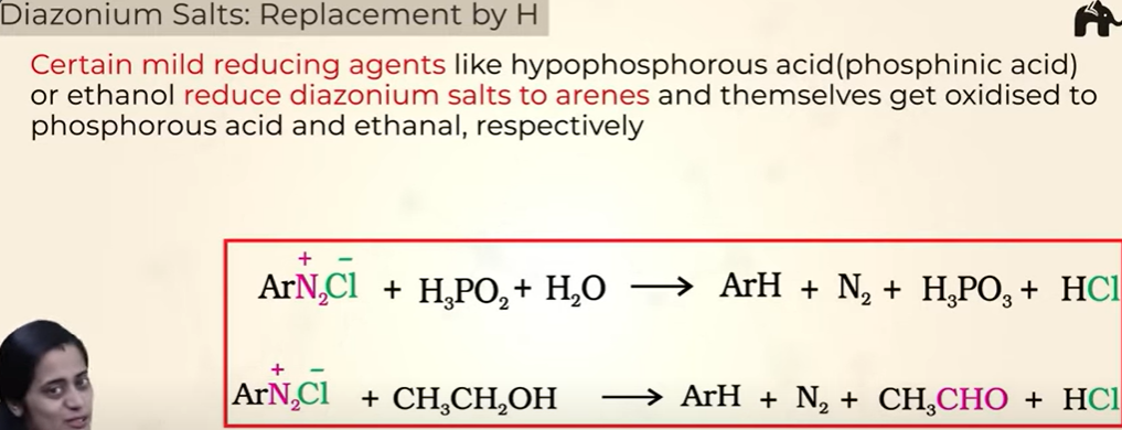 <p>2 methods:</p><ul><li><p>with alcohol</p></li><li><p>hypophosphourous acid (phosphinic acid)</p></li></ul><p></p>