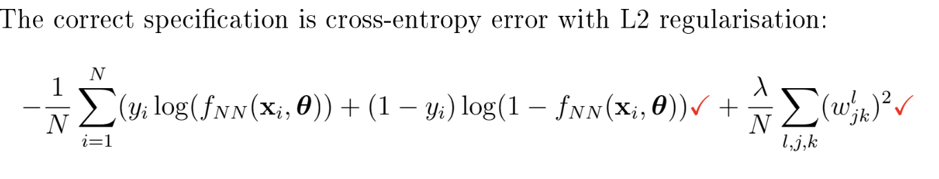 <p>where:</p><ul><li><p>Y<sub>i</sub> denotes the i<sub>th</sub> response, F<sub>nn</sub>(xi,θ) is the prediction from the network.</p></li><li><p>w<sup>l</sup><sub>jk</sub> is the jk<sub>th</sub> weight in layer l,</p></li><li><p>λ is the regularisation parameter.</p></li><li><p></p></li></ul><p></p>