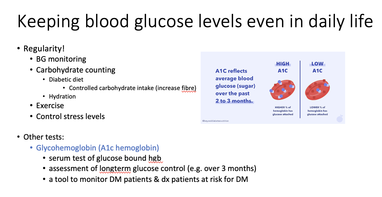 <p><span style="color: blue;"><strong>Hemogloblin A1C </strong></span></p><ul><li><p><span><span>serum test of glucose bound hgb</span></span></p></li><li><p><span><span>assessment of longterm glucose control (e.g. over 3 months)</span></span></p></li><li><p><span style="color: blue;"><strong><span>a tool to monitor DM patients &amp; dx patients at risk for DM</span></strong></span></p></li></ul><p></p>