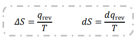 <p><span><br></span></p><ul><li><p>d notation for a tiny change</p></li><li><p>q<sub>rev</sub> refers to heat exchanged reversibly</p></li><li><p>T for temperature</p></li></ul><p></p>