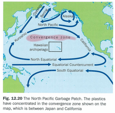 <ul><li><p>water is fluid and polluted water can spread over long dist. rivers take pollution to sea and ocean currents can take around globe. materials made from plastic dumped into north pacific ocean and washed into ocean by rivers flowing from all desnley populated countries around north pacific</p></li><li><p>plastic long lived material and floats and plastic concentrated in area known as north pacific garbage patch. long term impacts on marine ecosystem unknown but one of major forms of pollution on planet</p></li></ul><p></p>