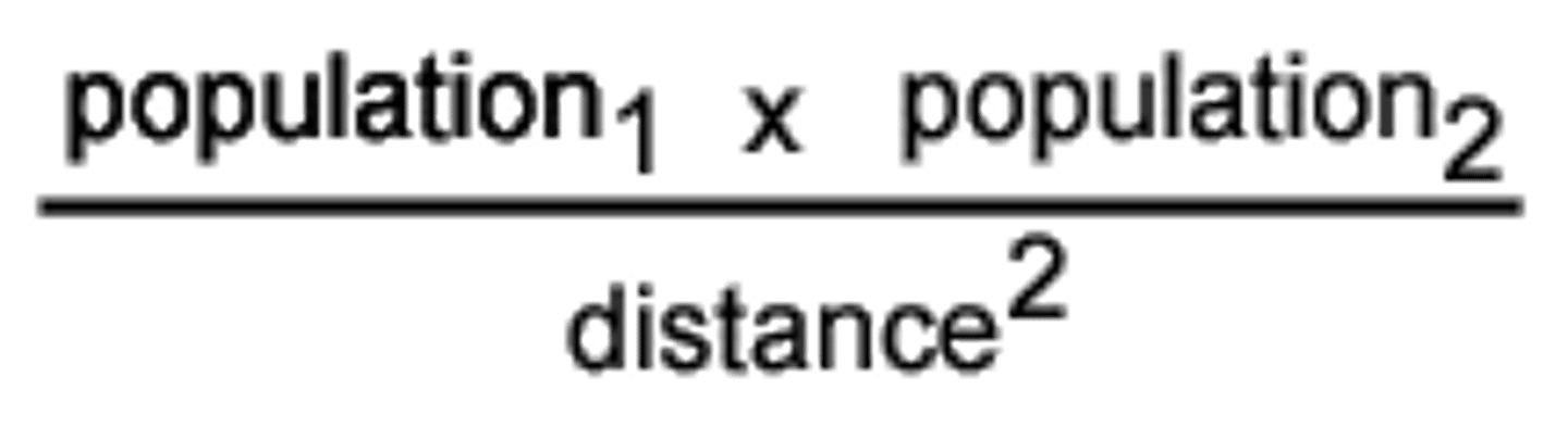 <p>A fraction that predicts the interaction between places on the basis of their population size and distance between them (Population 1 x Population 2 ÷ Distance) The greatest distance will have the least spatial interaction.</p>