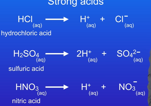 <p>Hydrochloric acid, Sulfuric acid, nitric acid.</p><p></p>