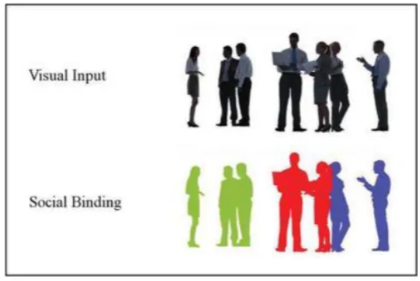 <p>Social binding and visual input refer to different levels of processing in human perception, particularly in how we understand social scenarios.<span><span>&nbsp;</span></span></p><ul><li><p><span><strong><span>Visual input</span></strong><span> refers to the raw, low-level sensory information received by the eyes (e.g., colors, shapes, movements, and spatial arrangements of objects and people). The brain's visual system processes this information rapidly to identify basic features and patterns.</span></span></p></li><li><p><span><strong><span>Social binding</span></strong><span> is a proposed mechanism for a faster, more efficient way the brain interprets this visual input in a social context. It is the process by which the visual system automatically groups individual people into meaningful social units or events, based on cues like proximity or mutual gaze.&nbsp;</span></span></p></li></ul><p></p>