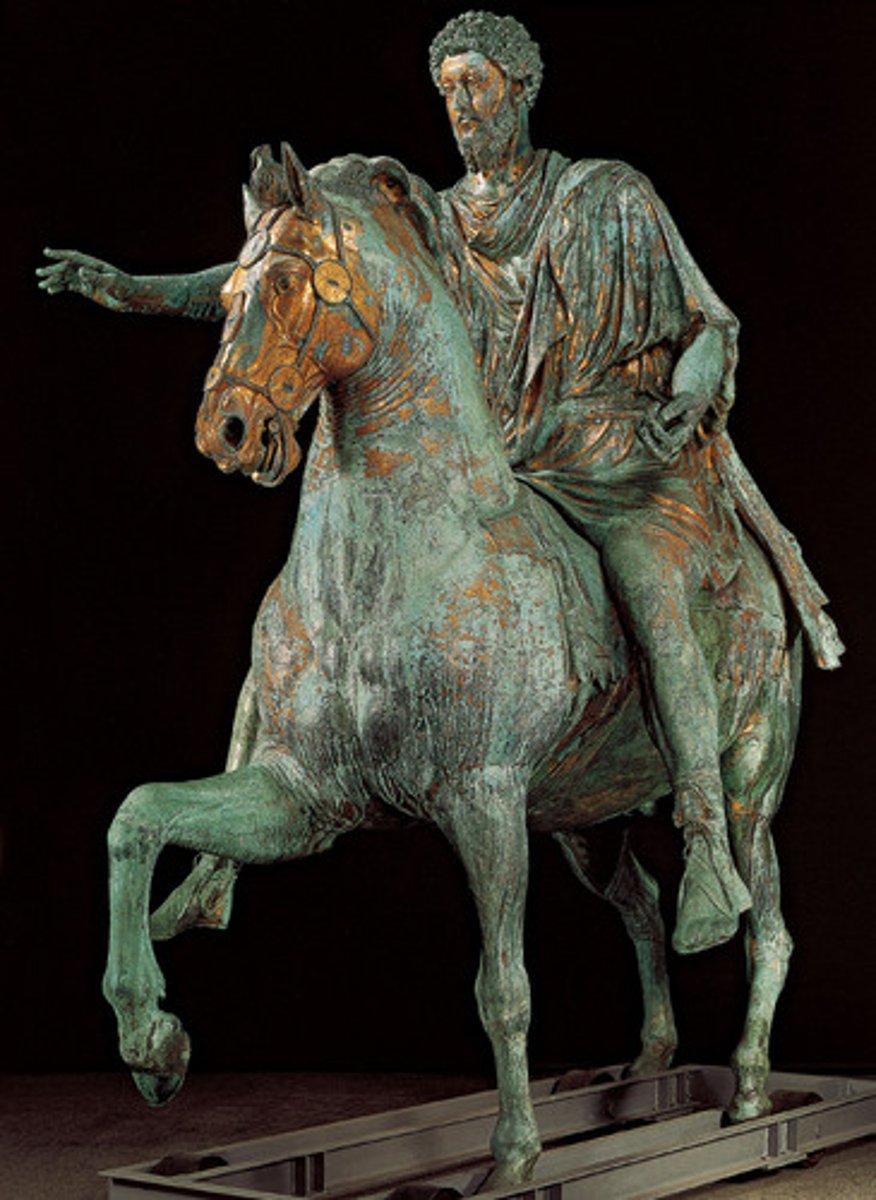 <p>Rome, 176 CE, bronze, Imperial Rome</p><p>portray the emperor as victorious and all-conquering. However, shown without weapons or armour, Marcus Aurelius seems to be a bringer of peace rather than a military hero</p>