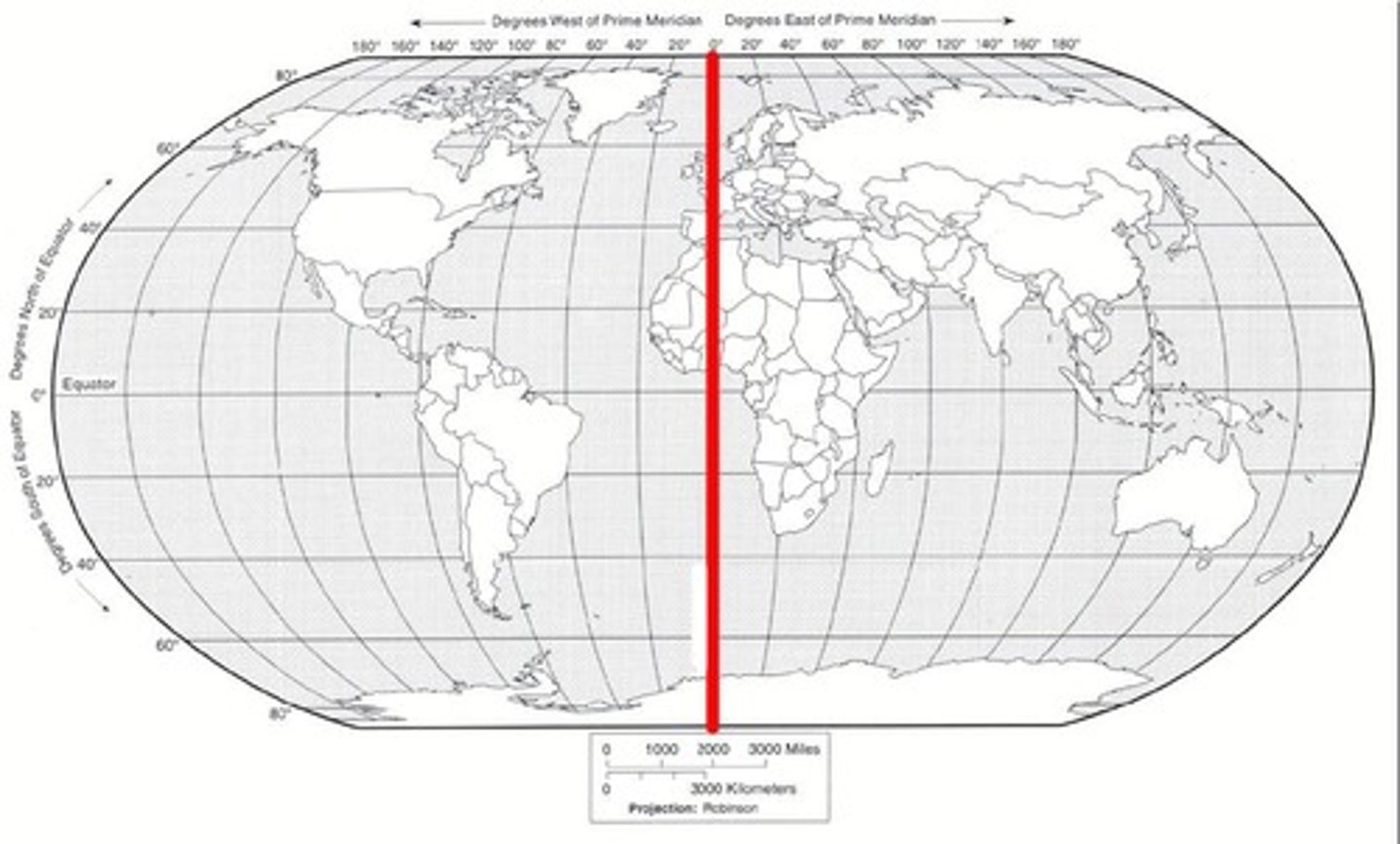 <p>The line at 0 degrees longitude, located at Greenwich, England.</p>