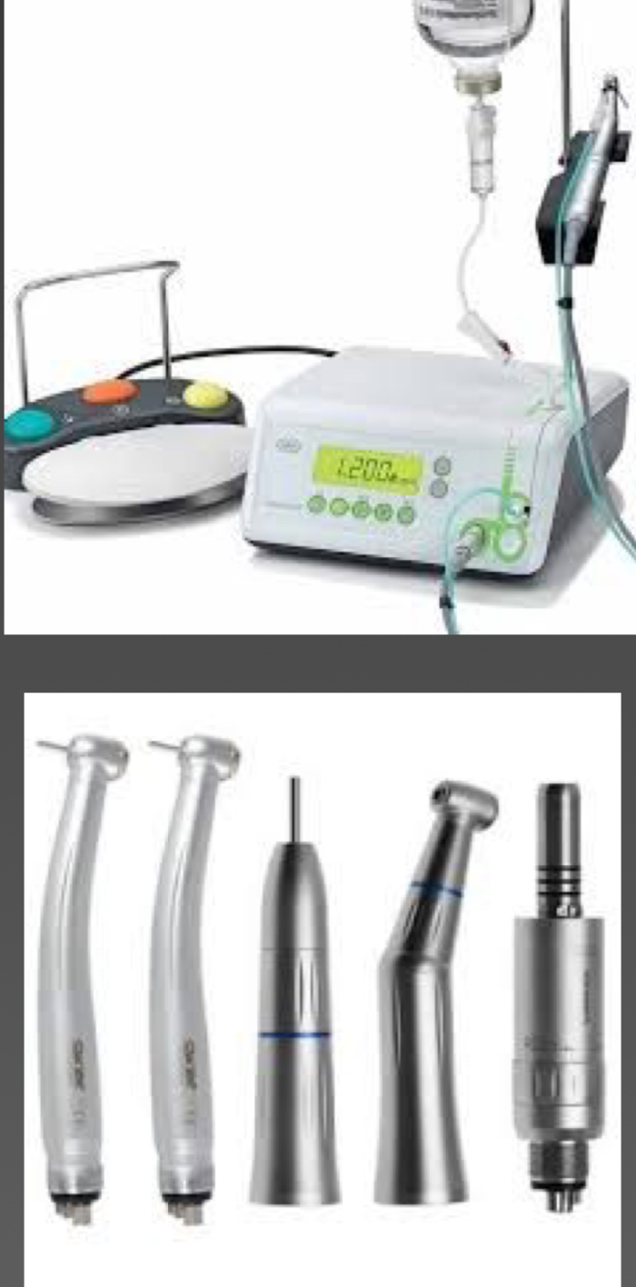 <p>Conventional&nbsp;</p><p>Electric or compressed air- low speed- up to 40,000rpm</p><p>Turbine- high speed- 300,000-400,000rpm- risk of bone necrosis and subcutaneous emphysema&nbsp;</p>