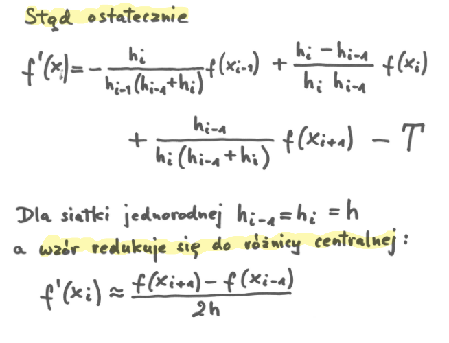 <ol><li><p>Rozwinięcie f(x<sub>i+1</sub>) i f(x<sub>i-1</sub>) wokół x<sub>i</sub></p></li><li><p>Mnożymy współczynniki do wyznaczenia (a,b,c) przez rozwinięcia funkcji. Otrzymujemy pochodną + T (błąd obcięcia)</p></li><li><p>Grupujemy wyrazy zgodnie z kolejnymi pochodnymi</p></li><li><p>Minimalizujemy T rozwiązując układ równiań</p></li><li><p>Gotowy wzór na f’(x<sub>i</sub>)</p></li></ol><p></p>