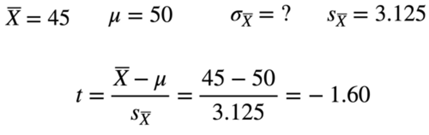<p>Group mean = 45</p><p>Sampling distribution of the mean (hypothesized population mean) = 50</p><p>Standard error = 3.125</p><p>t = 45 - 50 / 3.125 = -1.60</p>