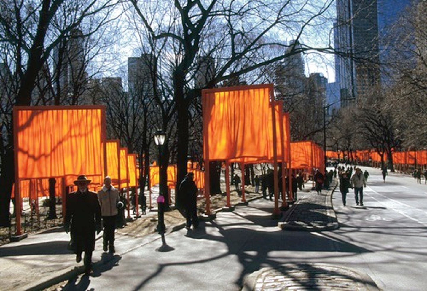 <p>New York City, U.S.</p><p>Christo and Jeanne-Claude</p><p>1979-2005 CE</p><p>Form: Mixed-media installation</p><p>Function: An environmental installation work</p><p>Plans for the gates began in 1979, but the work was not installed until 2005. The installation consisted of 7,500 constructed gates. That were installed along 20 plus miles of walking paths in New York's Central Park. Each gate stood over 16 feet high and was wrapped in a piece of saffron colored fabric that billowed in the wind. It took over 25 years to plan, fund, and build the project. They have created curtains across mountain ranges, built floating bridges, and surrounded islands with bright pink fabric.</p>