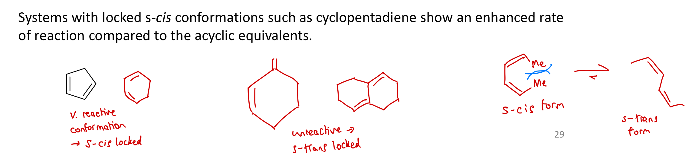 <p>Systems with locked s-cis conformations, e.g. cyclopentadiene (compared to acyclic equivalents.</p>