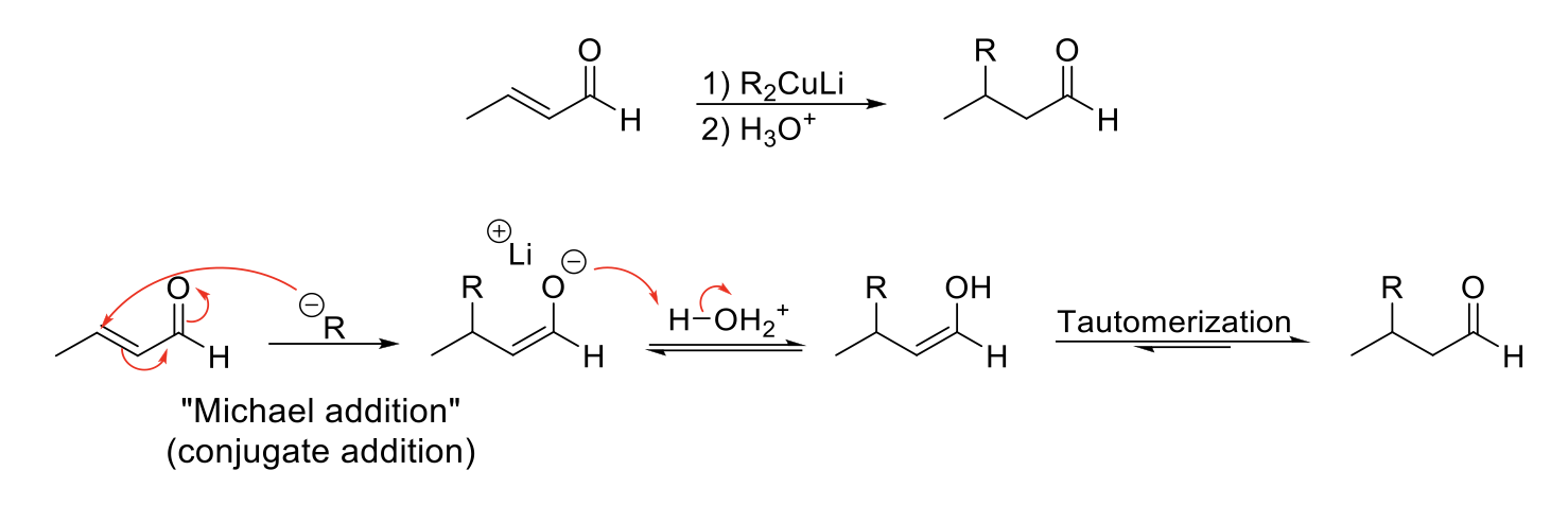 <p><strong>Mechanism:</strong></p><p>1) Michael donor attacks.</p><p>2) Protonation</p><p>3) Tautomerization</p><p></p><p><strong>Notes:</strong></p><p>After aldol condensation, α,β-unsaturated aldehyde/ketone has two electrophilic centers (carbonyl carbon and farther carbon of alkene).</p><p></p><p>Hard nucleophiles (1,2-adduct) (attack carbonyl C)</p><p>RMgX, LAH, RLi</p><p></p><p>Borderline nucleophiles (go both)</p><p>Enolate, NaBH4</p><p></p><p>Soft nucleophiles (1,4-adduct) (attact alkene)</p><p>R2CuLi, any negative charge stabilized by resonance (resonance stabilized enolates)</p><p></p><p>Michael Acceptors</p><p>α,β-unsaturated aldehyde/ketone/nitrile/ester/amide/nitro group</p>