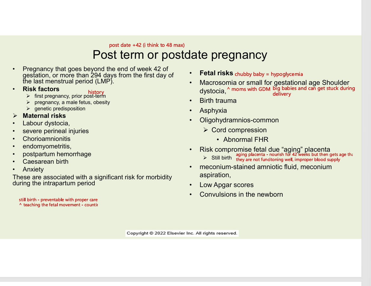 <ul><li><p>macrosomia or small for gestation age</p></li><li><p>shoulder dysoticia</p></li><li><p>birth trauma</p></li><li><p>asphyxia</p></li><li><p>oligohydramnios-common</p><ul><li><p>cord compression</p><ul><li><p>abnormal FHR</p></li></ul></li></ul></li><li><p>risk compromise fetla due to “aging” palcenta</p><ul><li><p>still birth</p></li></ul></li><li><p>meconium-stained amniotic fluid, meconium aspiration</p></li><li><p>low apgar score</p></li><li><p>convulsions in the newborn </p></li></ul><p></p>