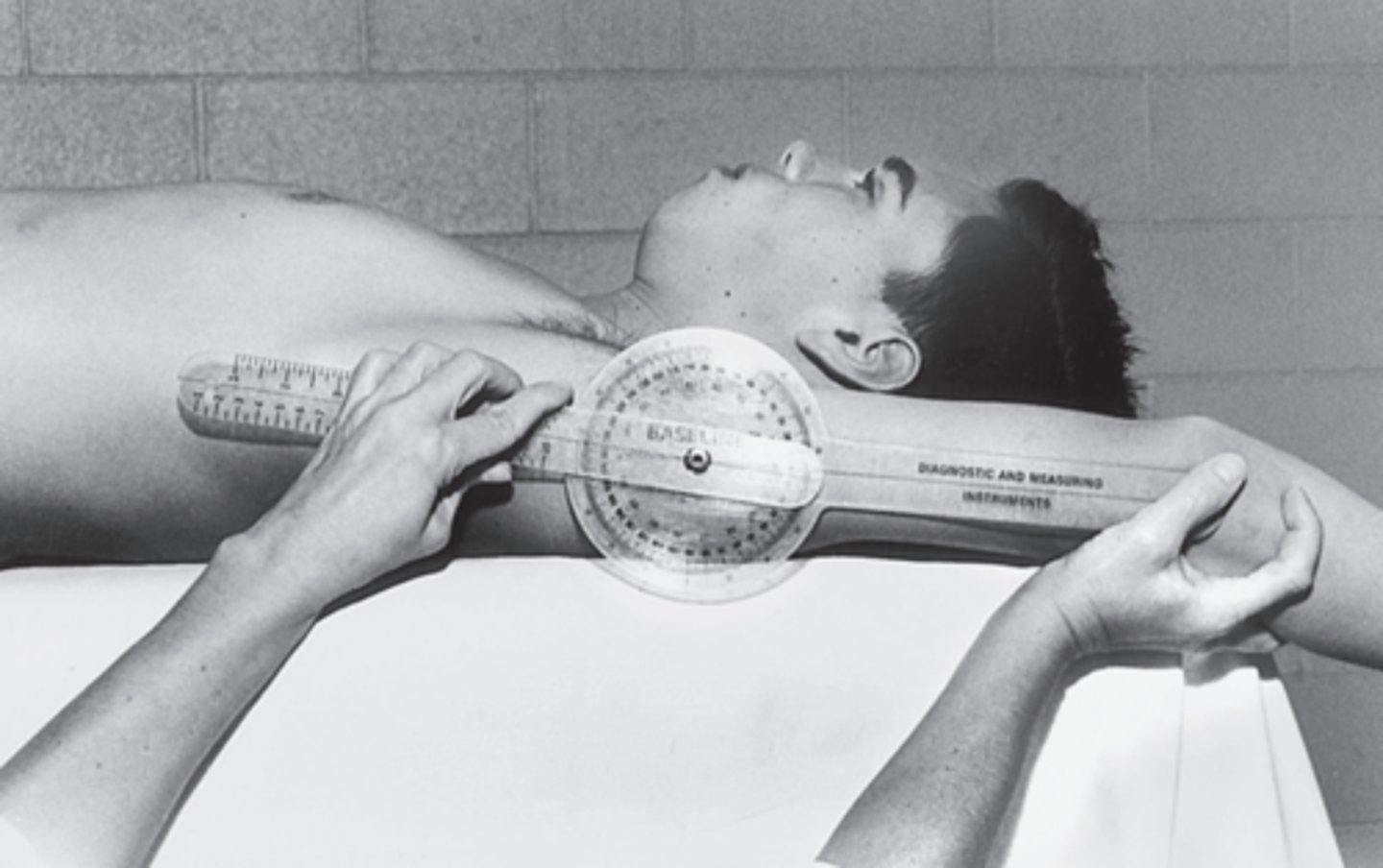 <p>Testing Position: supine with knees flexed (flatten spine), shoulder by side, elbow extended, forearm neutral (palm face body)</p><p>Stabilize: thorax (prevent extnesion of spine and rib movement) and distal radioulnar</p><p>Motion: lift humerus off table, over head</p><p>Goni:</p><p>- Fulcrum: lateral aspect of greater tubercle</p><p>- Proximal arm: parallel to midline of thorax</p><p>- Distal arm: lateral midline of humerus (lateral epicondyle or olecranon)</p><p>Normal: 180 </p><p>End feel: firm </p>