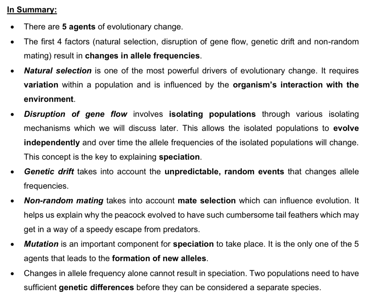 <p>summary for 5 agents of evolutionary change</p>