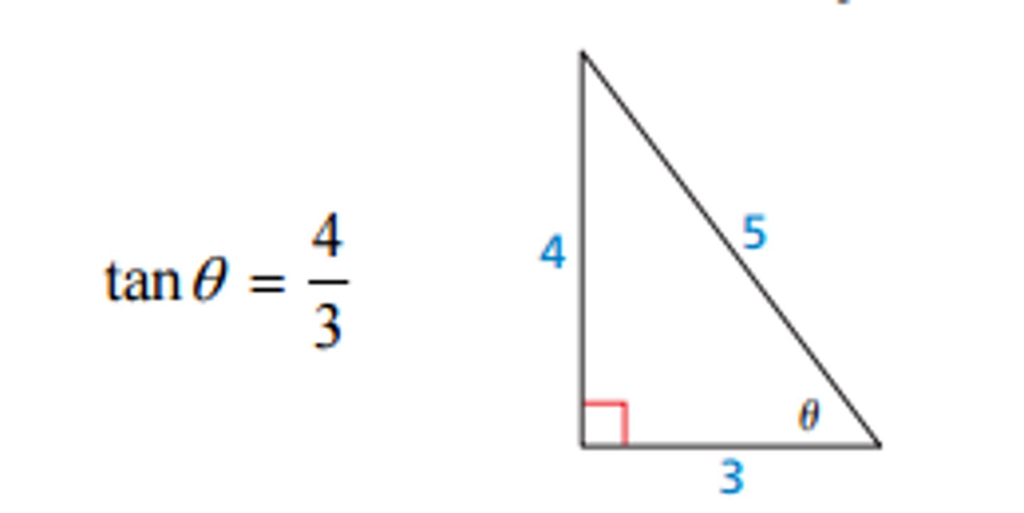 <p>A trigonometric function for an acute angle 𝛳 of a right triangle, denoted by tan𝛳 = opposite/adjacent</p>
