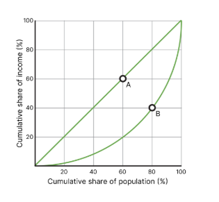 <ul><li><p>represents the inequality of income in a country by showing hoe much income certain percentage of the population have</p></li><li><p><span><em>Point A is on the linear curve, a country where everyone earns the same amount. At point A, the bottom 60% of the population make 60% of the country's income.</em></span></p></li><li><p class="zfr3Q CDt4Ke " style="text-align: left"><span><em>Point B is on the exponential curve, a country where some earn more than others. At point B, the bottom 80% of the population make 40% of the country's income.</em></span></p></li></ul><p></p>