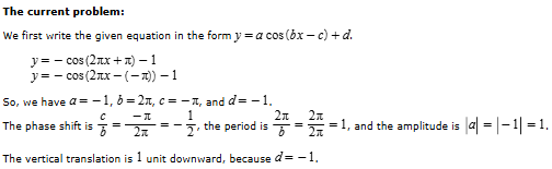 <p>Phase Shift=-1/2 </p><ul><li><p>(because a cos(b(x-c/b))+d where “-c” is “-π” and “b” is “2π.” Do -π/2π=-1/2”)</p></li></ul><p>Period=1 (because “2π/2π=1”)π</p><p>Amplitude=1</p>