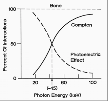 <p>PE vs Compton Scatter Probabilities</p><ul><li><p><strong>With bone</strong><br></p><ul><li><p>Photoelectric reactions increase with <span><strong>[increased or decreased]</strong></span> kVp</p></li><li><p>Compton Scatter reactions increase with <span><strong>[increased or decreased]</strong></span> kVp</p></li><li><p>At <span>45</span> kVp, 50% of interactions are photelectric and Compton scatter</p></li></ul></li></ul><p></p>