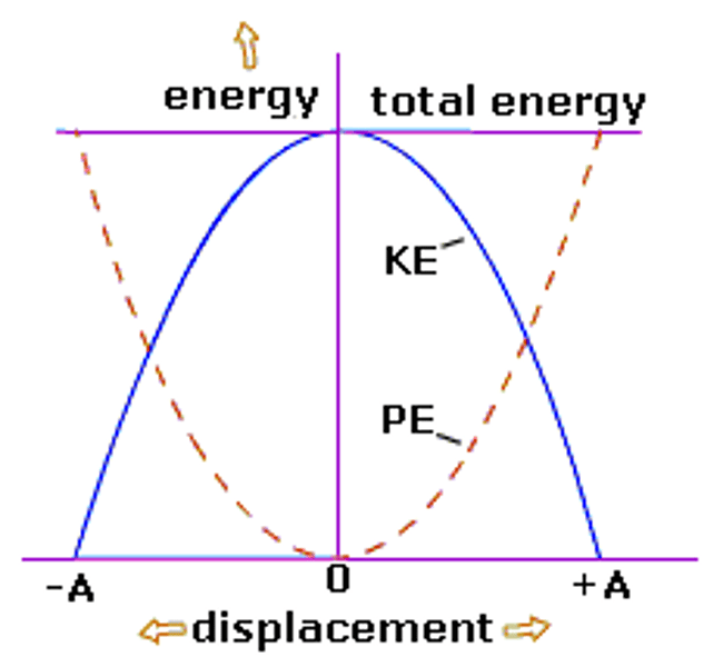 <p>Potential energy (PE) is largest when the oscillator is storing the most energy.<br><br>For a pendulum, the PE is maximum at the maximum height. PE is minimum at the lowest point, which is equilibrium.<br><br>For a mass-spring system, the PE is maximum at the point of maximum compression or stretch of the spring. PE is minimum at equilibrium (zero compression/stretch):<br>U = 1/2 k x^2<br><br>Note that stiffer springs (larger k) store more energy for a given amount of stretch.<br><br>If there is no friction, the total energy of an oscillator PE+KE is constant.</p>