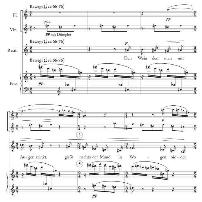 <ul><li><p>First tone poem in Pierrot Lunaire, sets the scene for all the hallucinatory verses to come.</p></li><li><p>There is an intentional structure to the notes, three notes in the violin against seven in the piano, 7×3=21</p></li></ul><p></p>