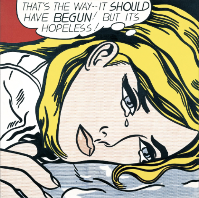 <p>oil on canvas</p><p>enlarged image from comic strip based on melodramatic romance</p><p>Benday printing technique of adjacent dots replicated in painting </p><p>emitted style of comic book </p>