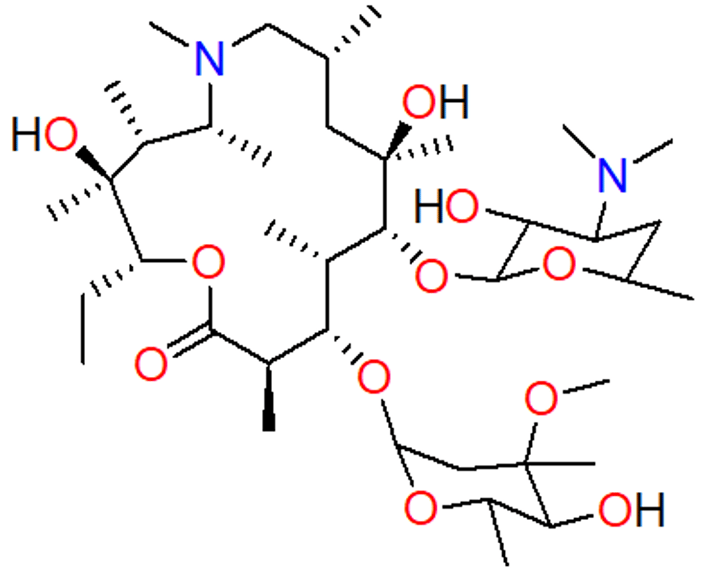 <p>- one of the best-selling drugs</p><p>- 15-membered ring, N-methyl group incorporated (larger ring)</p><p>- carbonyl from erythromycin was not essential - removed carbonyl and inserts a nitrogen</p><p>- blocks reaction that destroys drug (smaller dose, better pk)</p><p>- more active against Gram-negative infections (incorporation of basic nitrogen, can become protonated and will help with permeation)</p><p>- PK: slow release from tissues</p>