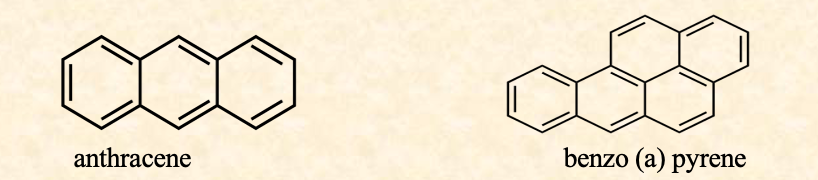 **Sources:**

* natural crude oil, coal deposits, creosote
* incomplete burning: wood, coal, petroleum products,   bbqing meat
* oil spills
* roofing tar; asphalt
* atmospheric pollutants: emissions from cars, steel smelters
* forest fires

\
**Problem:**

* toxicity: b(a)p – highly carcinogenic: 
  * DNA adducts: DNA replication errors → fused aromatic rings break open: bind to DNA
* historically: B(a)P implicated in chimney sweeps cancers
* lipophilic; binds to soil; aquatic sediments