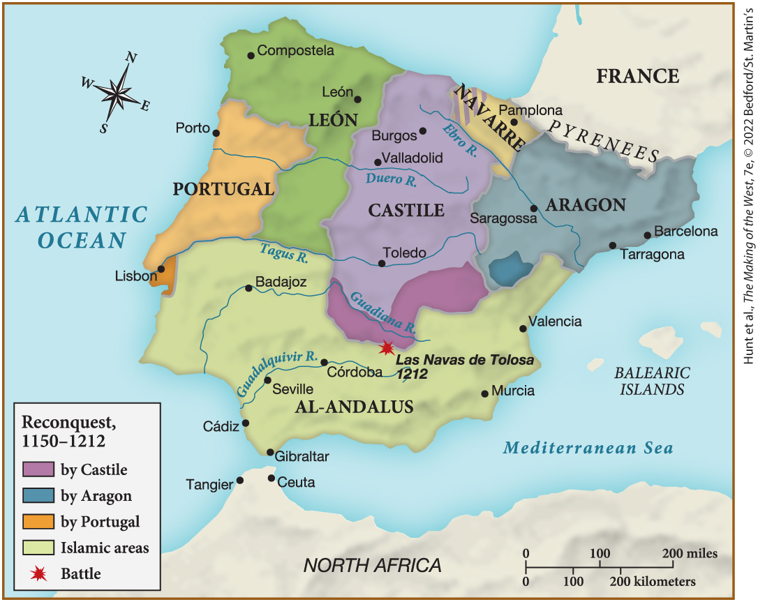 <p><span>Based on this map, which region of Spain had the greatest success during the reconquest in reclaiming territory from the Al-Andalus?</span></p>