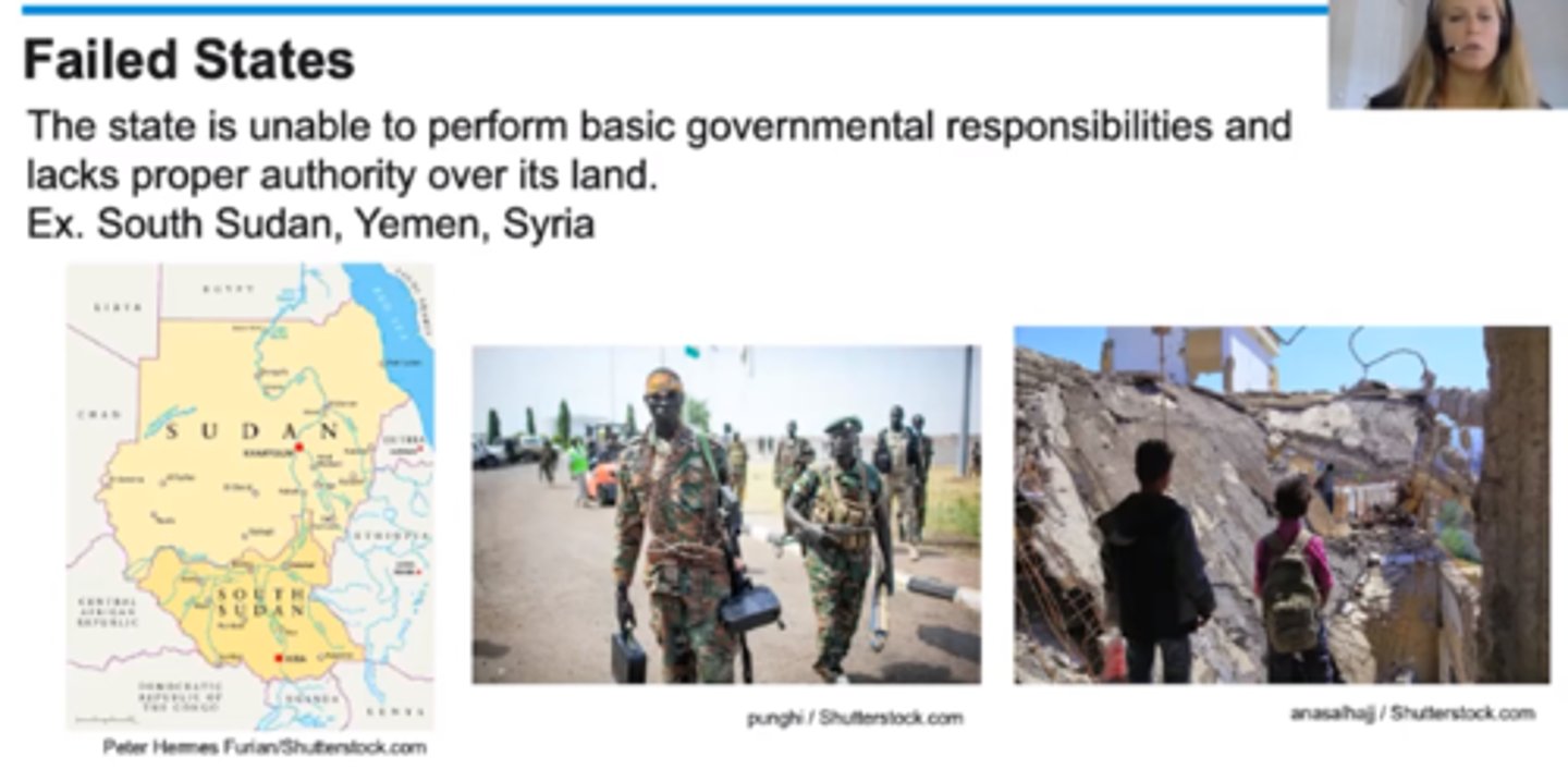 <p>a state whose political or economic system has become so weak that the government is no longer in control.</p>