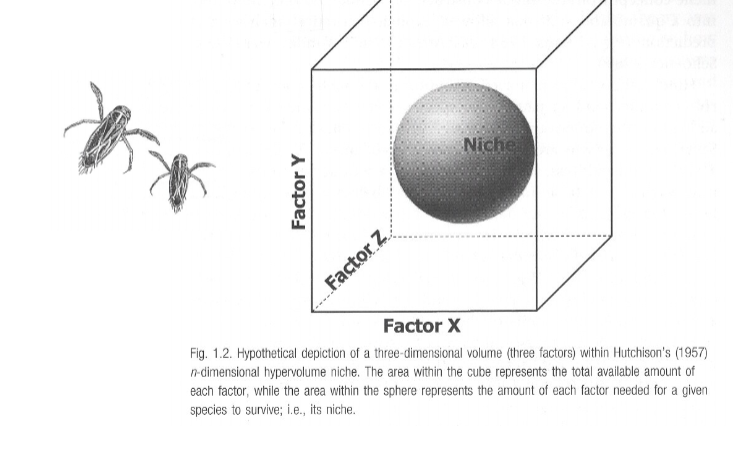 <p>The area within the cube is the niche (amount of each factor for the species to survive)</p>