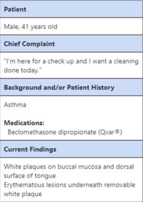 <p>Which is the most appropriate management?</p><p>rinse with water after inhaler </p><p>stop use of inhaler </p><p>change to different inhaler </p><p>prescribe antifungal therapy</p>
